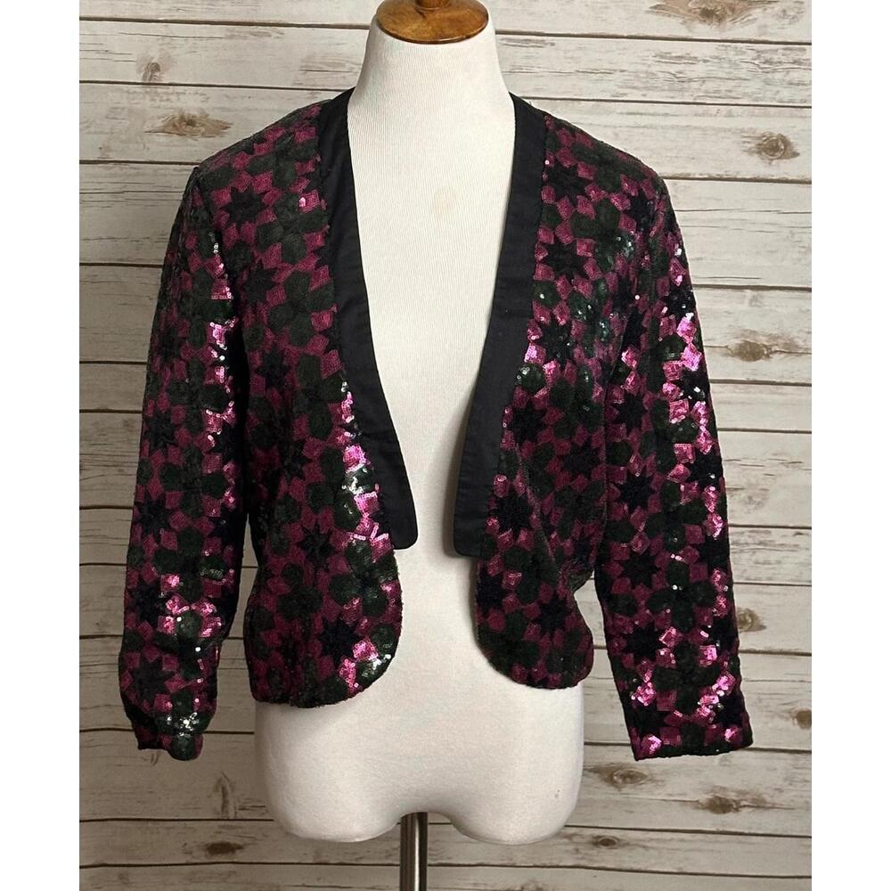 ASOS fuchsia/green geometric sequin open tuxedo jacket Size 8